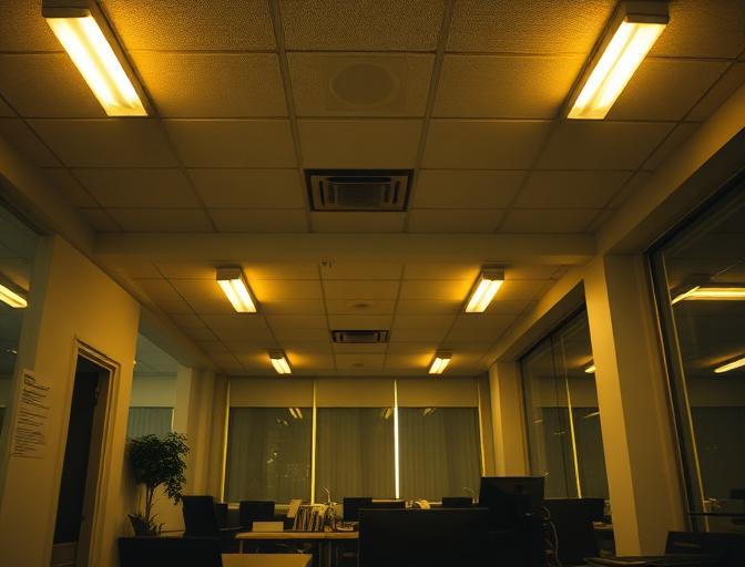 Before: Dim fluorescent lighting throughout