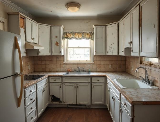 Before: Worn cabinetry with damaged countertops