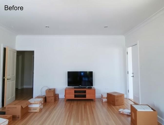 Before: TV and shelves on floor, bare walls